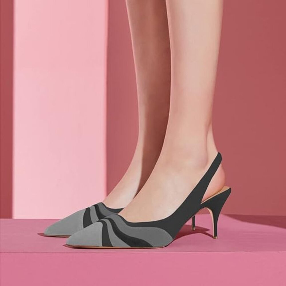 FOWT Pointed Toe Kitten Heeled Slingback Pumps Rainbow Color Stripes Elastic Ba